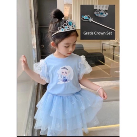 Setelan Anak Perempuan Kaos dan Rok Tutu Plus Legging Princess Frozen Elsa Import Premium