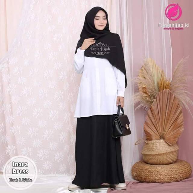 Inara dress hitam putih gamis by fania hijab