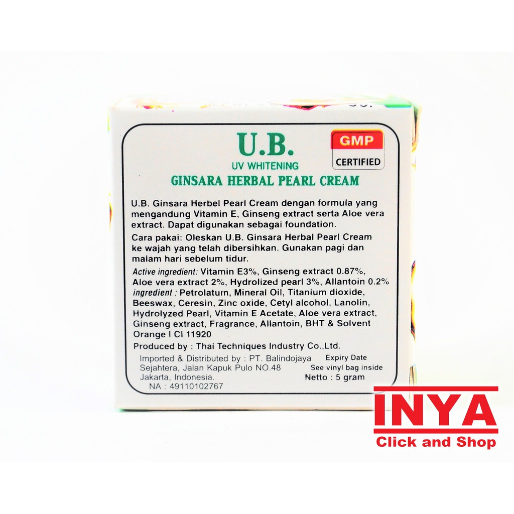 Krim Muka U. B. UV Whitening Ginsara Herbal Pearl Cream 5gr