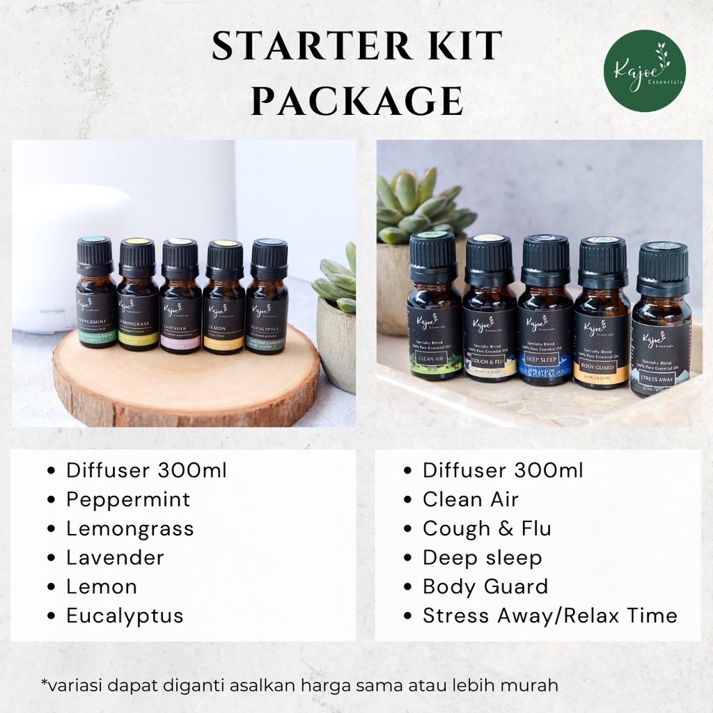 KAJOE STARTER KIT PAKET DIFFUSER ESSENTIAL OIL Minyak Esensial Atsiri Aromaterapi Aromatheraphy