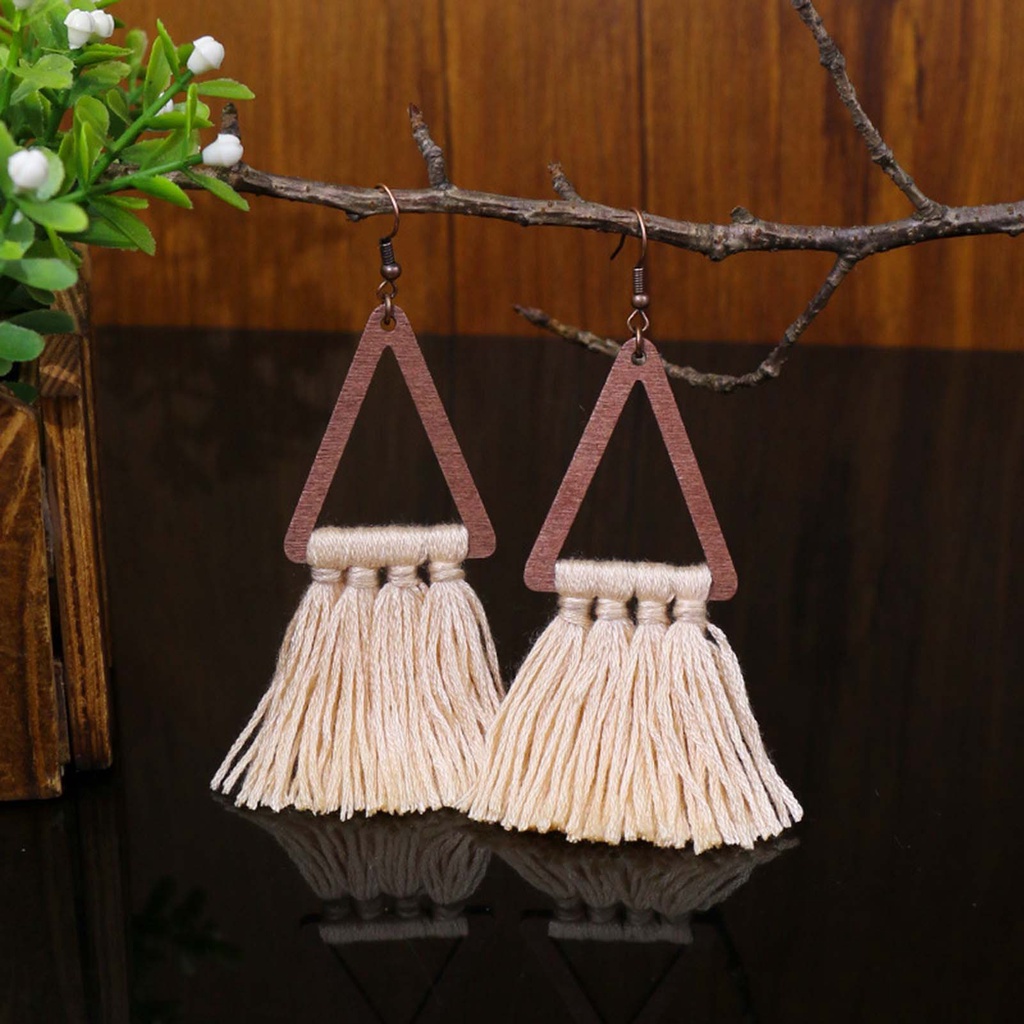Hu Hu Hu Hu Hu Alat Bantu Pasang Kacamata♡ 1 Pasang Anting Kait Gantung Wanita Bahan Kayu Bentuk Segitiga Aksen Rumbai Benang Katun Gaya Etnik Bohemian