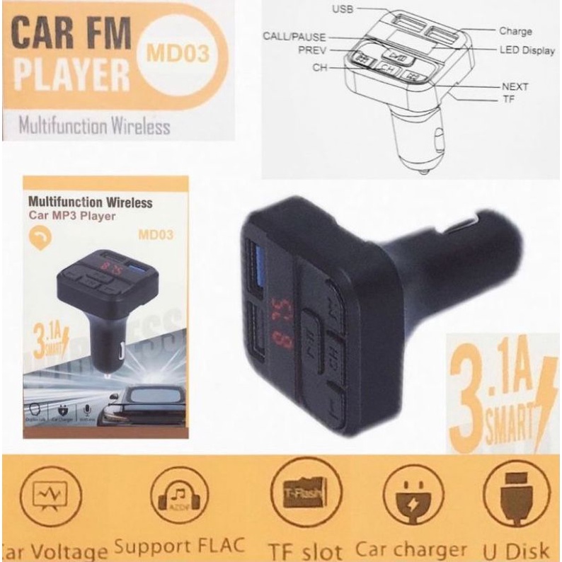 Car Charger Bluetooth MP3 Player FM Transmitter Modulator Wireless  MD03