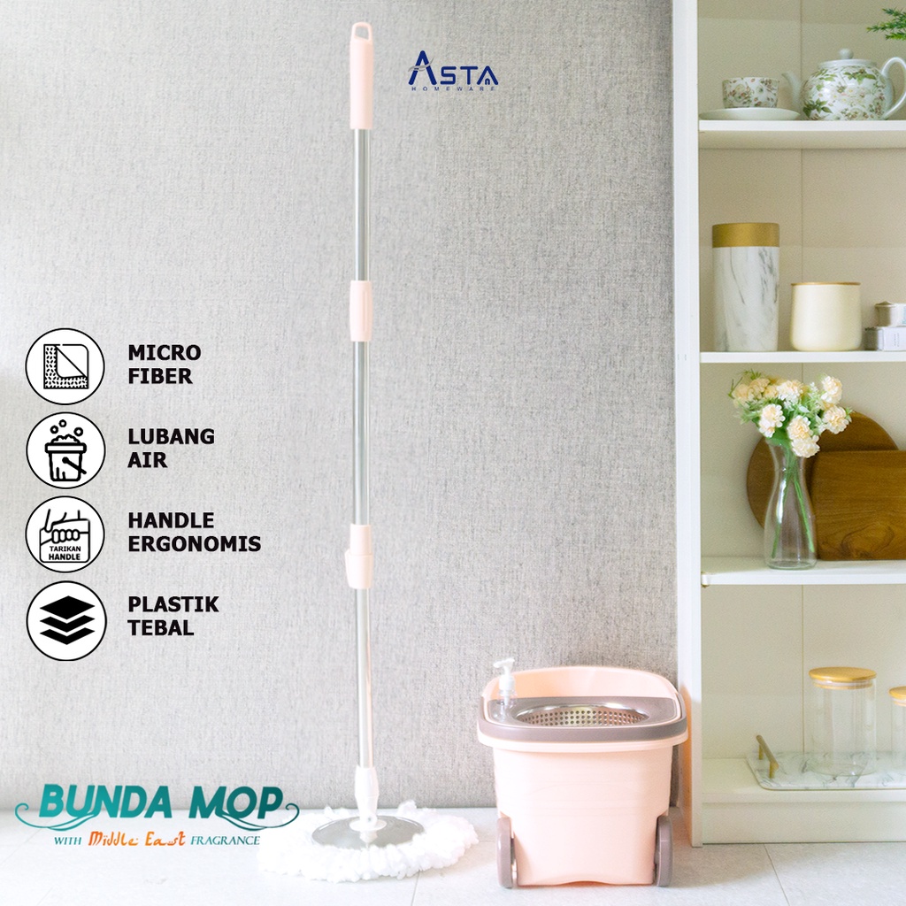 Alat Pel Lantai Praktis - Putar Otomatis + Kain Pel Microfiber + Roda Ember Besar - Tebal Premium