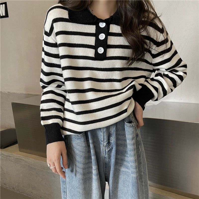 Polo Stripes Knit Import - Atasan Polo Rajut Wanita - Korean Polo Knit TM (51047)