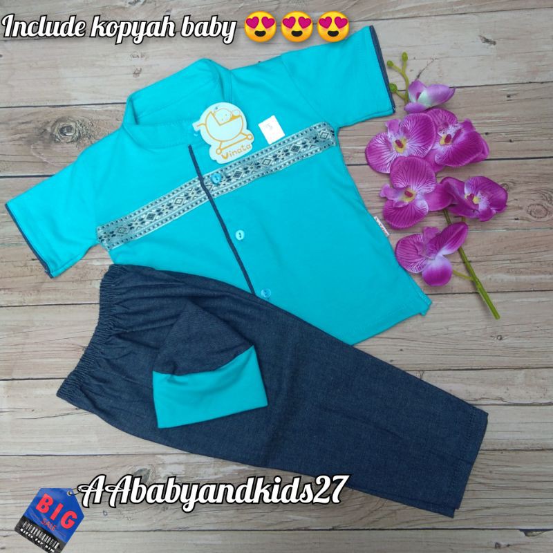 VINATA Setelan Baju Koko Bayi Bordir Denim All Size Usia 3-18 Bulan SNI Berkualitas