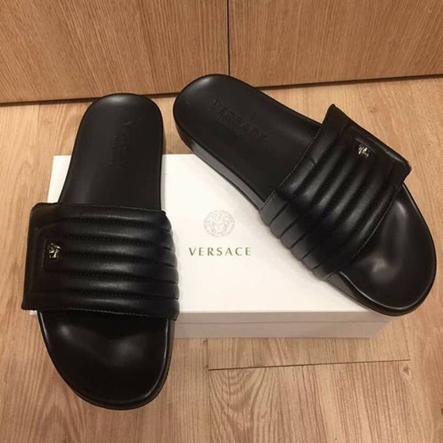 SANDAL SLIDES KULIT ASLI VERSACE MURAH - BLACK