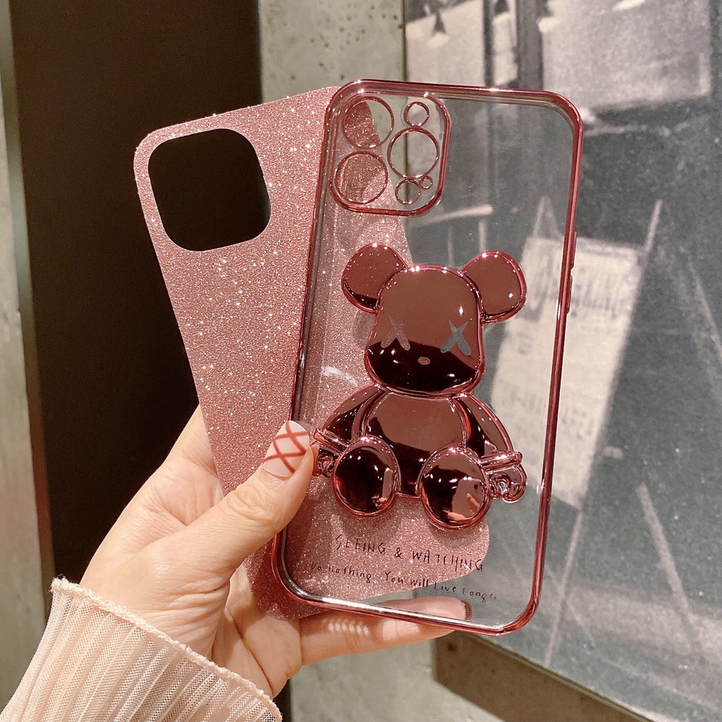 Casing Soft Case iPhone 11 12 13 Pro MAX XR XS MAX 7 + 8Plus XX 6D Motif Beruang Glitter