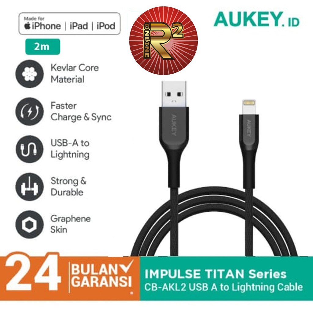 Aukey CB-AKL2 Kabel Charger Iphone MFI USB A To Lightning 2M Original Garansi Resmi Aukey
