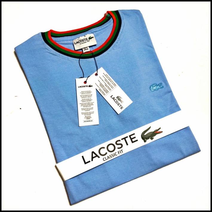Kaos Lacoste Original Pria Blue Baju Striped Rib Kerah Ori New Polos
