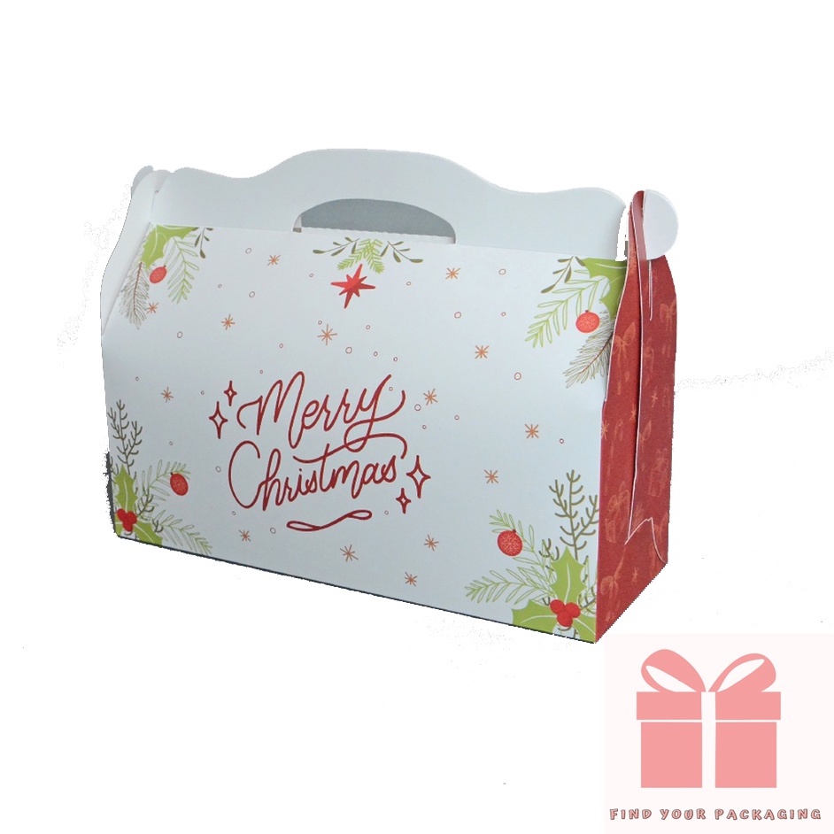 

10 Pcs Gable Box Merry Christmas Gift Box Handle Packaging Hampers Parcel Kado Natal Ukuran 30x10x12 cm