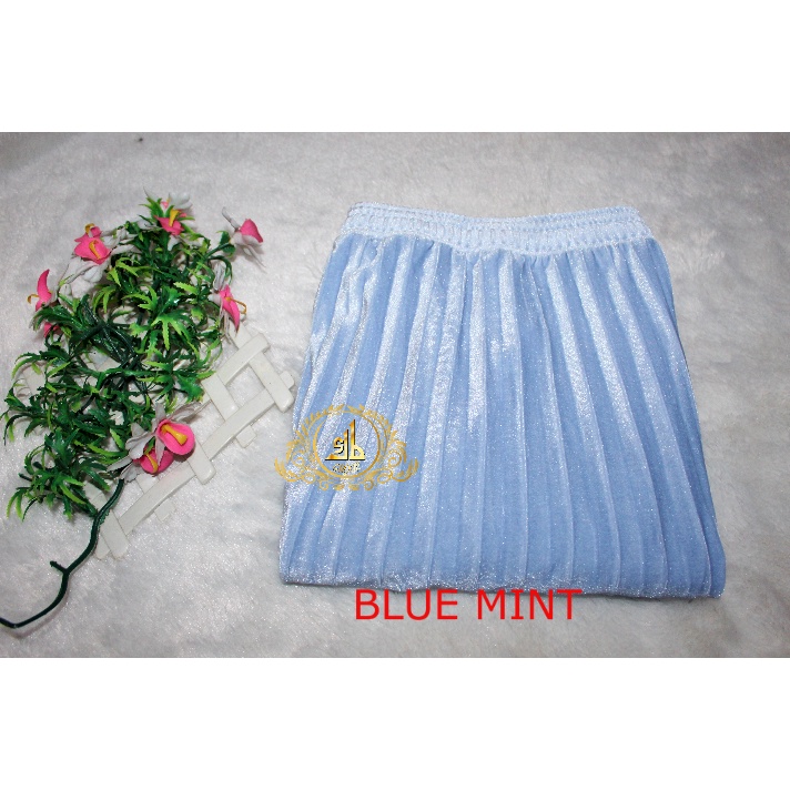 Rok Bludru Velvet Panjang Plisket Premium-Blue MINT
