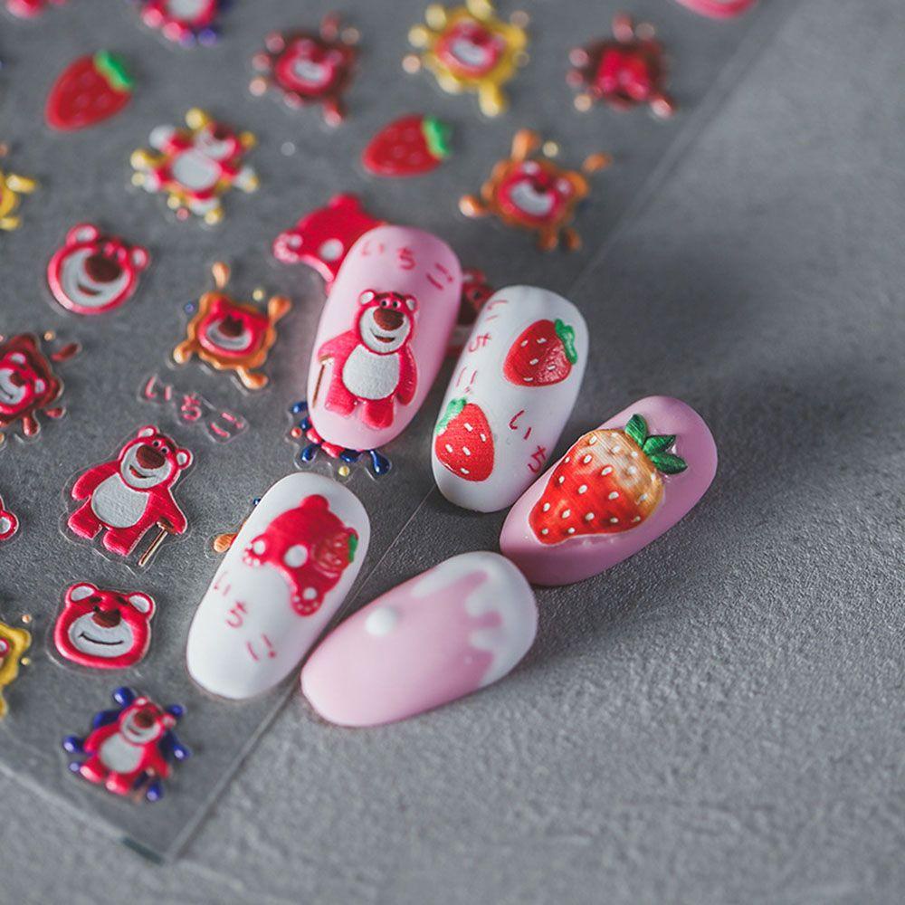 Agustina Beruang Nail Art Stiker Kartun Ultra-Tipis Strawberry Beruang Kepala Aplikasi Relief Manicure Aksesoris