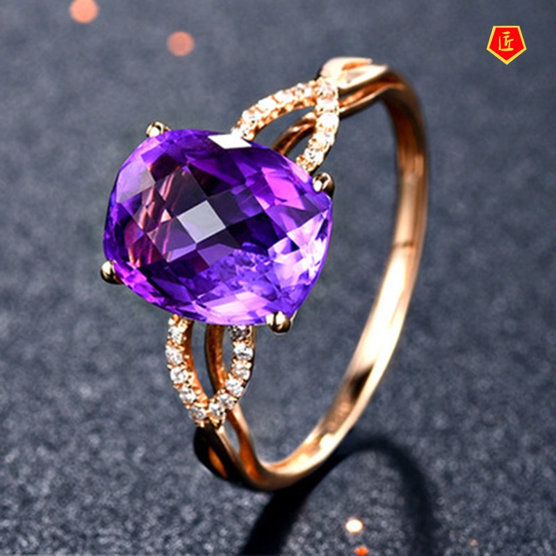 [Ready Stock]New High-End Natural Amethyst Ring Female 18K Rose Gold