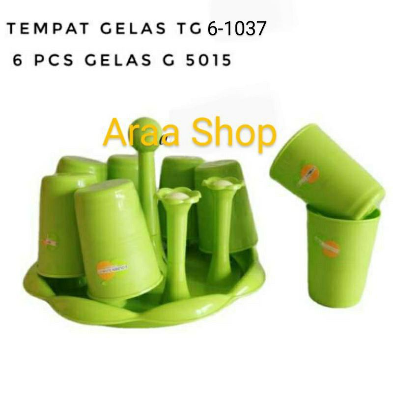 GOLDEN SUNKIST Set Gelas & Tatakan Gelas Hijau / Set Gelas+stand Tempat Gelas G5015