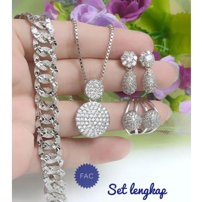 (MEI) Set Perhiasan Lapis Emas Xuping Gelang Sisik Naga Kalung Anting Cincin Permata Silver Titanium