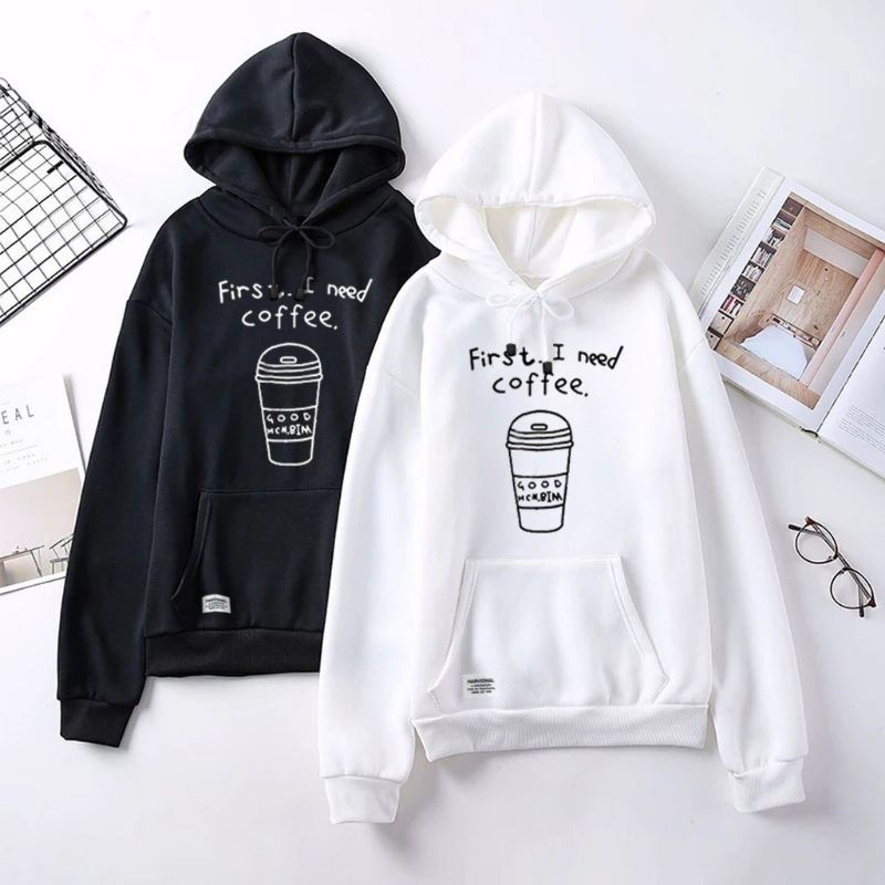 IvannaCollection Sweater Hoodie Oversize Couple Pasangan First I Need Coffee Bahan Fleece Size L XL XXL