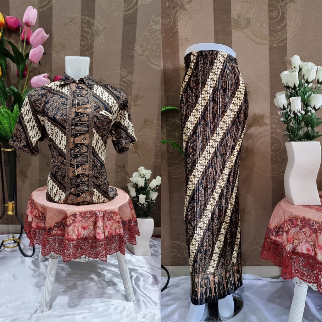 HN MODE - Couple kemeja batik pendek mix rok plisket motif coin