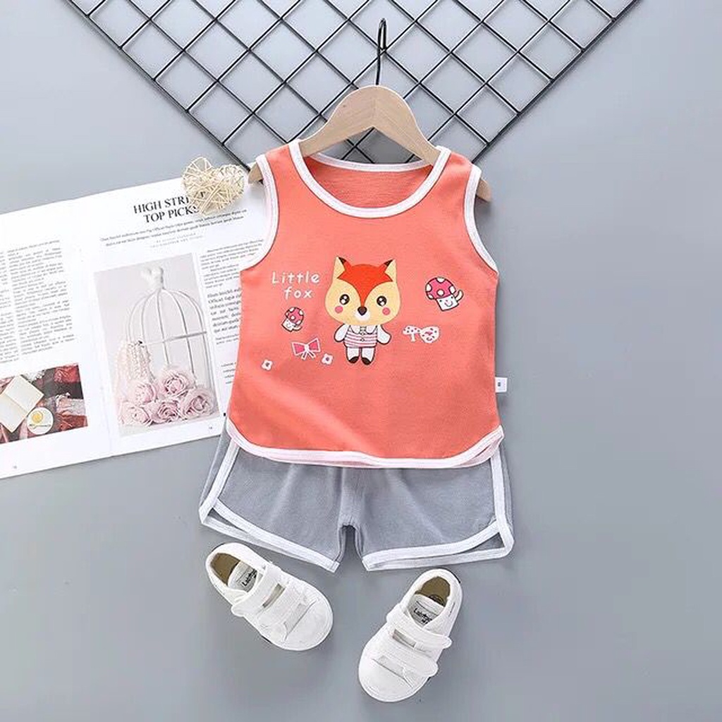 Baju Setelan Kutung Anak Import Set Baju Tangan Buntung Anak Bayi Lucu Summer Set Baju Tanpa Lengan Anak Lucu Bahan Katun Premium Kartun