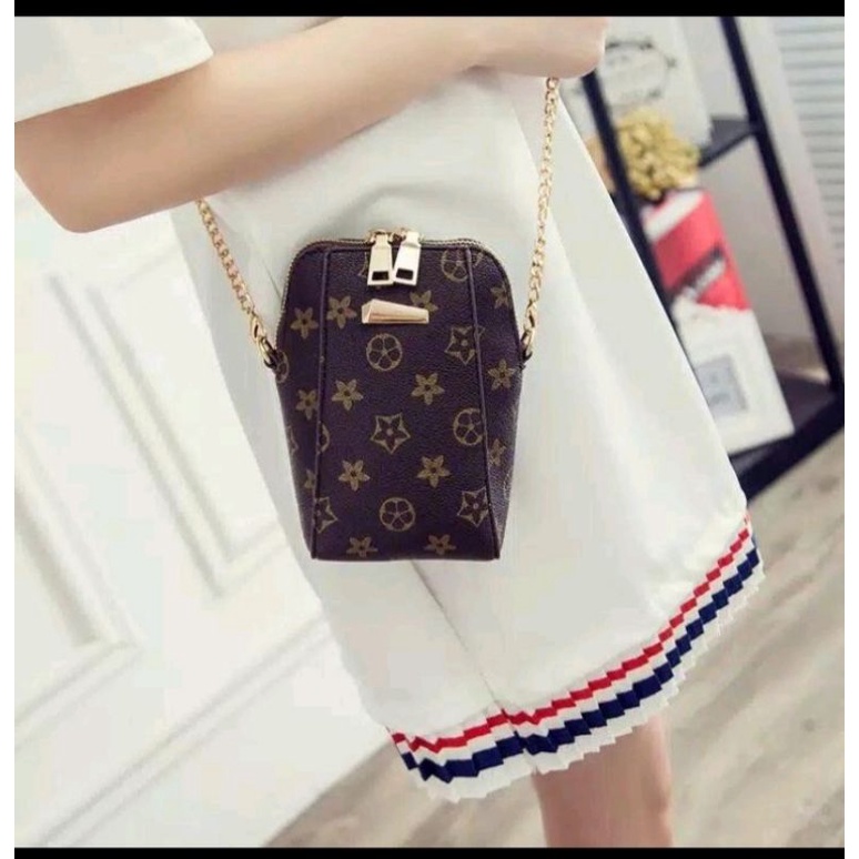 Tas Santai / Tas Mini Bucket Motif kembang Gold + Tali Selempang rantai/ Tas HP / Dompet HP serbagun