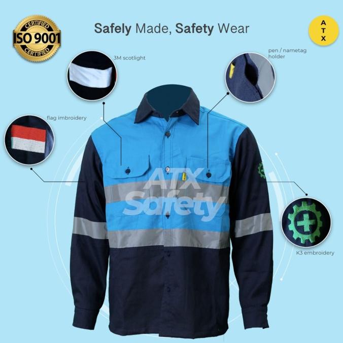 Wearpack Safety Baju Kerja Lengan Panjang Kombinasi Biru PLN Navy ATX