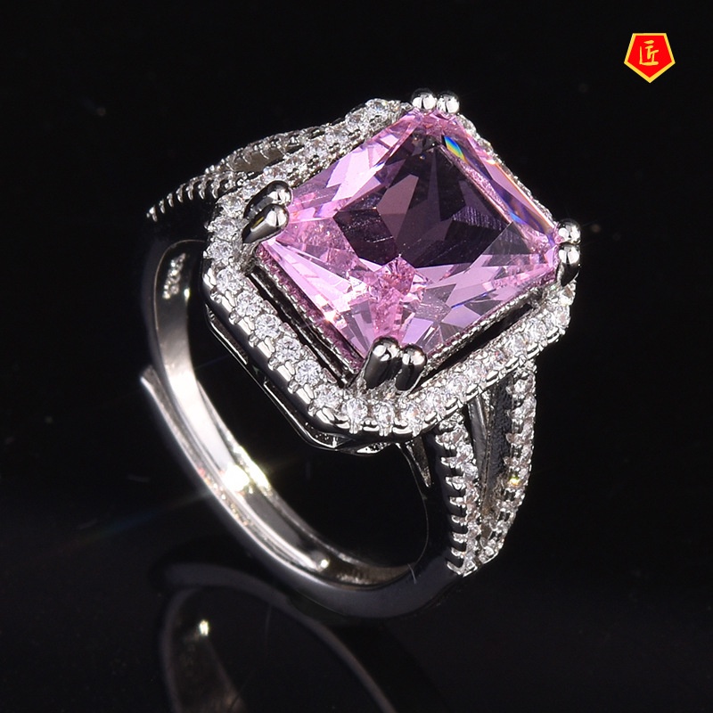 [Ready Stock]High-End Luxury Elegant Rectangular Pink Tourmaline Open Ring