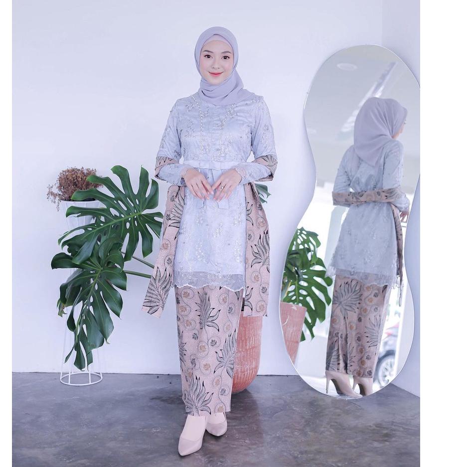 Modern.. Batik Brokat Kebaya Couple Modern Untuk Kebaya Wisuda Lamaran Tunangan Kondangan Warna Grey