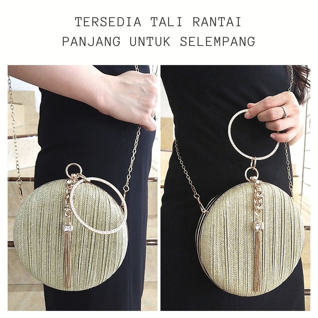 Tas Pesta Kondangan Wanita Import Mewah Kristal Kain Satin Lucu Bulat Wisuda 702701 KLIKSISTA