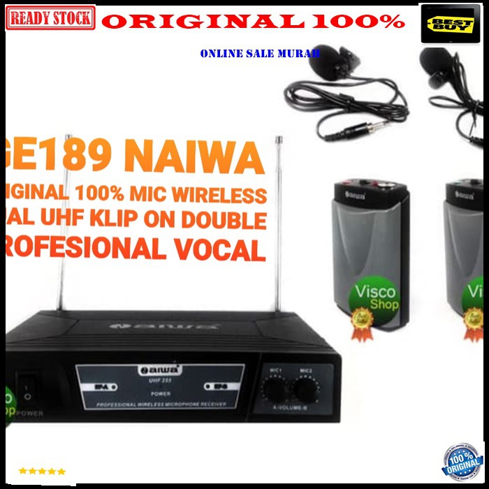 G189 Naiwa aiwa mic wireless jepit dual uhf mik wireles klip clip dobel microphone kerah baju tie sepasang profesional pro kancing condesor system sistem vokal vocal panggung dj studio Kancing sensitif aux ceramah pidato acara meeting panggu