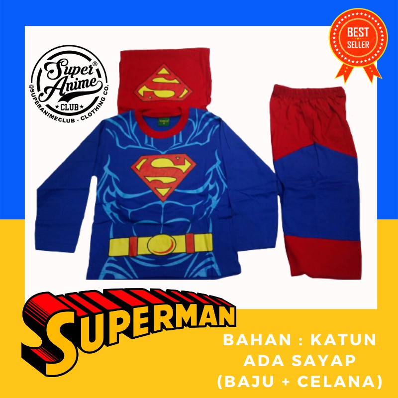 Baju Kostum Superman Anak Setelan Panjang Superhero Sayap