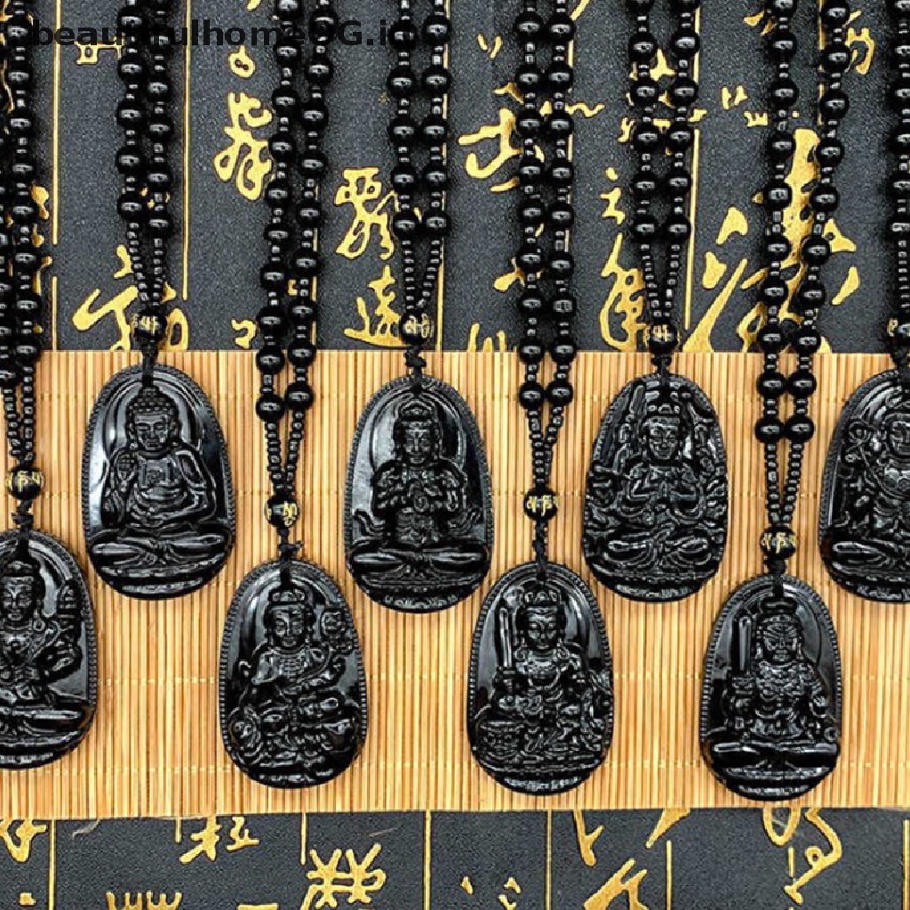 1pc Kalung Liontin Batu Obsidian Alami Ukiran Budha