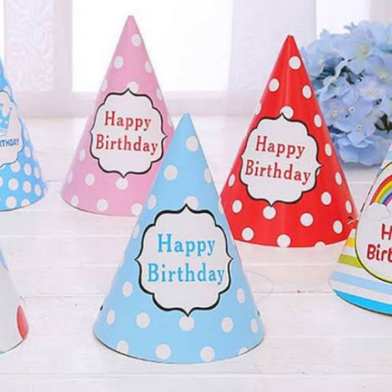 topi ulang tahun isi 10 polcadot happy birthday pink blue high quality isi 10 biru pink