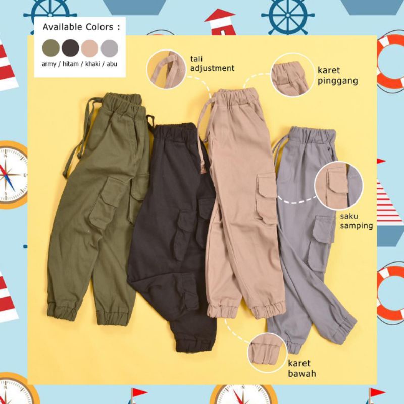 Celana Anak Laki Laki Panjang Joger Cargo Chinos PDL Bahan Katun Warna Hitam Army Abu Khaki Pants Zunior