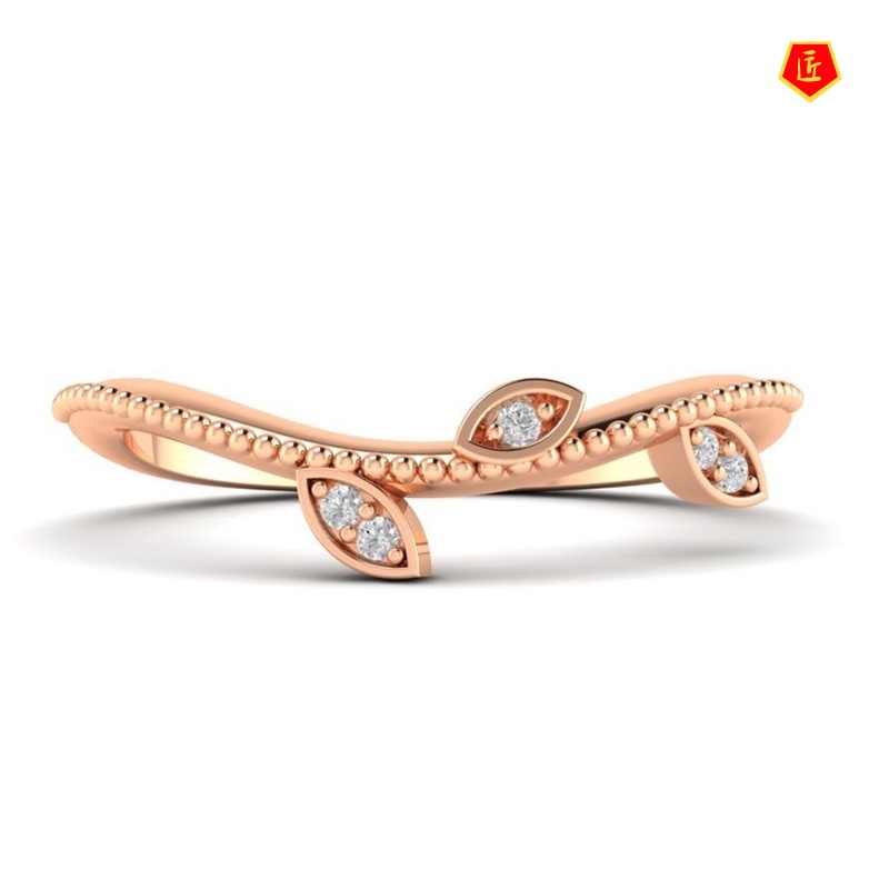 [Ready Stock]Simple Elegant 14K Gold Leaves Diamond-Studded Ring