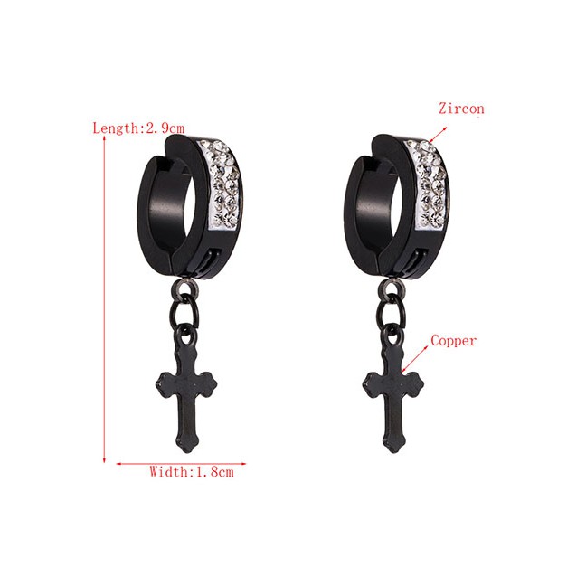 LRC Anting Jepit Fashion Black Round Cross Ear Clip With Diamonds D70552