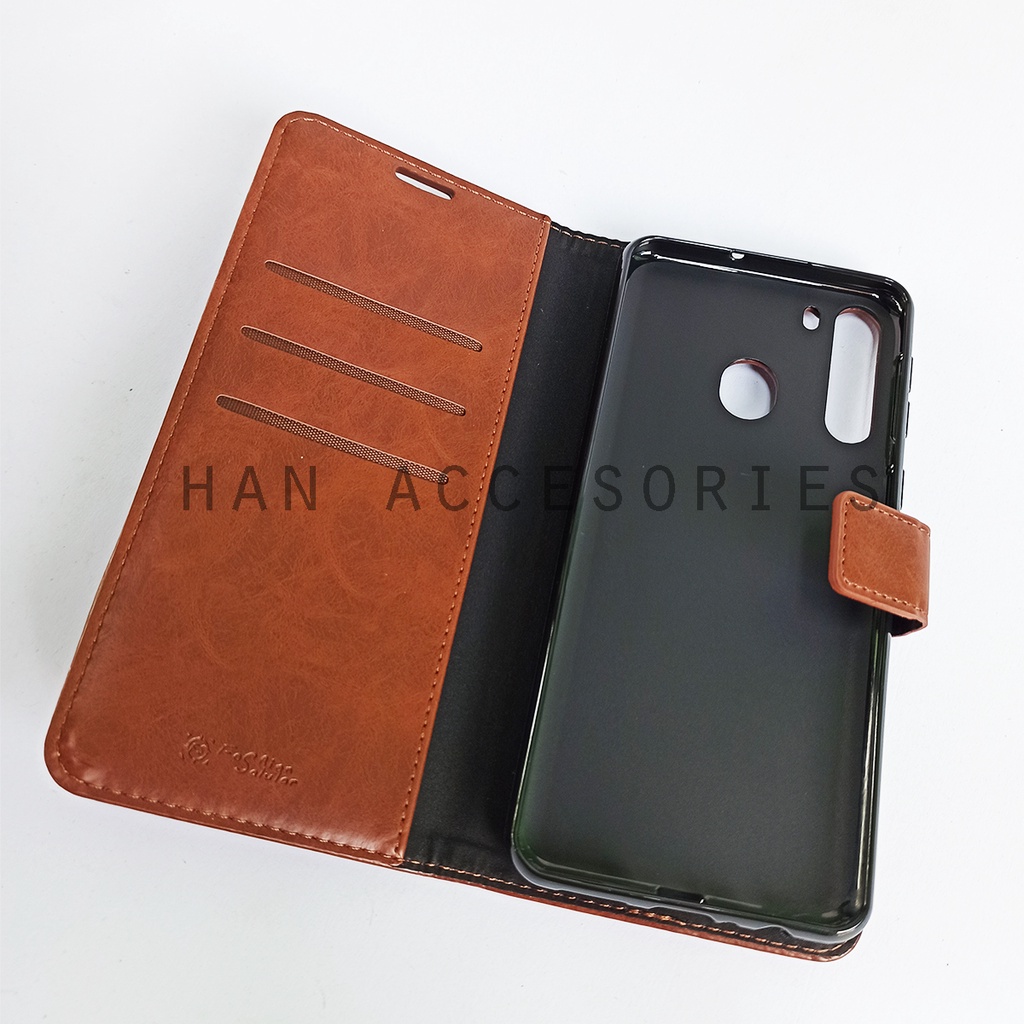 (PAKET HEMAT) Fashion Selular Flip Leather Case Samsung Galaxy A21 Flip Cover Wallet Case Flip Case + Nero Temperred Glass