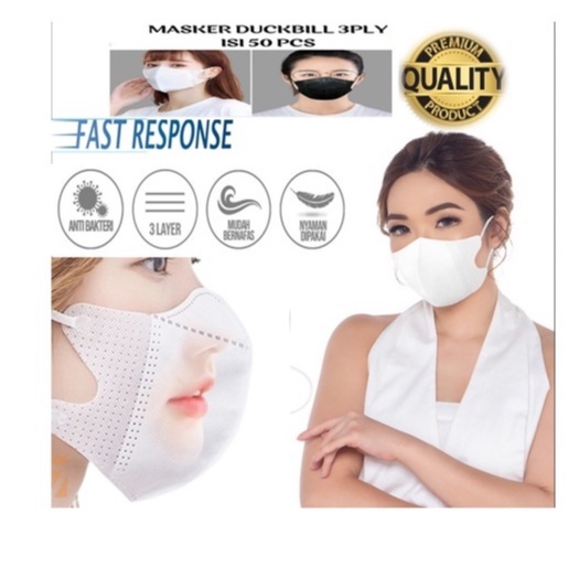 Masker Duckbill Warna Garis Putih / Hitam 3D 3 Ply  Disposable Mask Setara Sensi Mouson Alkindo  isi  50pcs