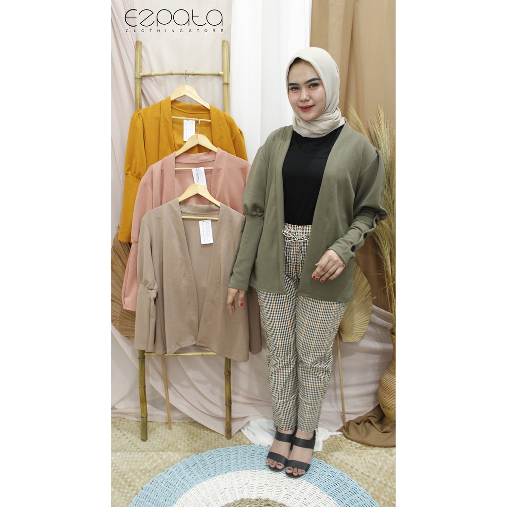 Atasan Cardi Cardigan Standart Lengan Balon Bahan Rib Lengan Puff Korea Kancing OOTD Kenkinian