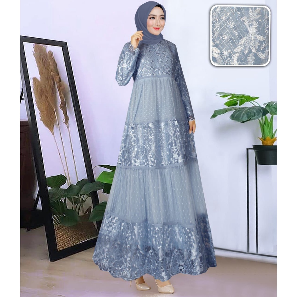 (COD) GAMIS PESTA MEWAH SANDRINA DRESS PREMIUM KEBAYA MODERN MATT TILE DOTTY APLIKASI TALI PINGGANG 