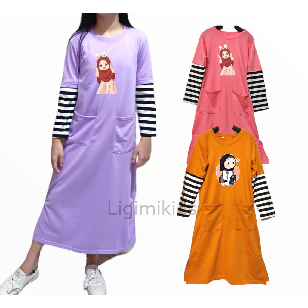 Ligimikids Gamis Anak Perempuan bahan kaos lengan kombinasi usia 3-10 tahun