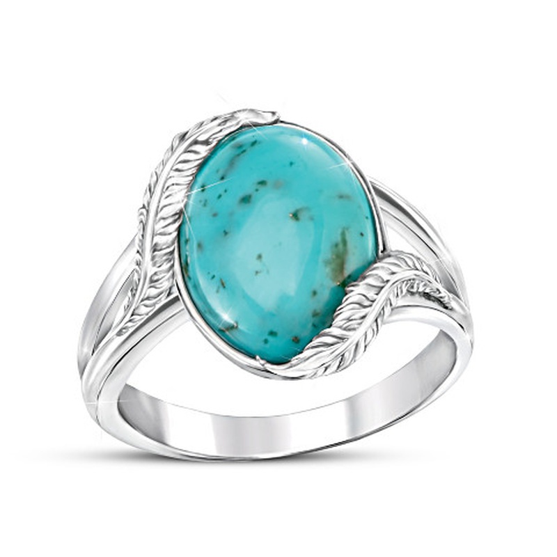 Cincin Desain Bulu Aksen Turquoise Bahan 925 Silver Untuk Wanita