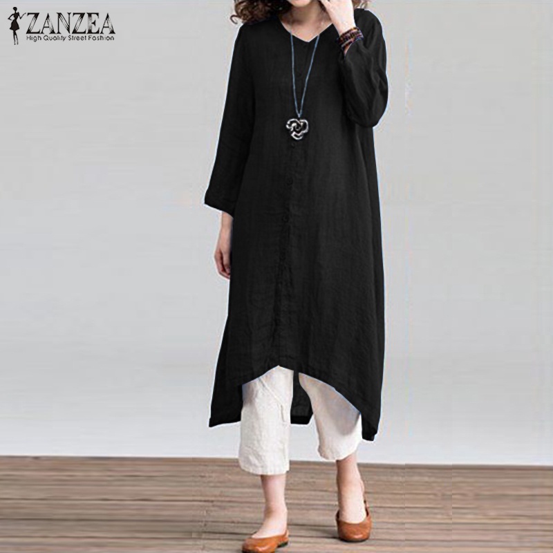 ZANZEA Womens Oversized Casual V Neck Long Solid Baggy Dress