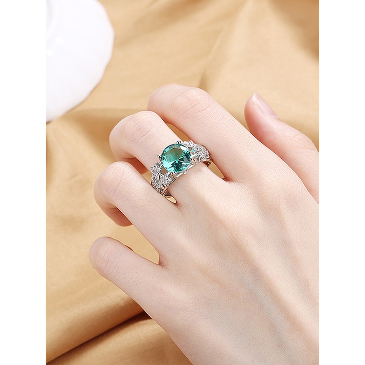 Fancyqube Cincin 925 Sterling Silver Bentuk Oval Cut Out Aksen Zamrud Hijau Biru Merah Zaitun Bahan Zirkon Untuk Wanita