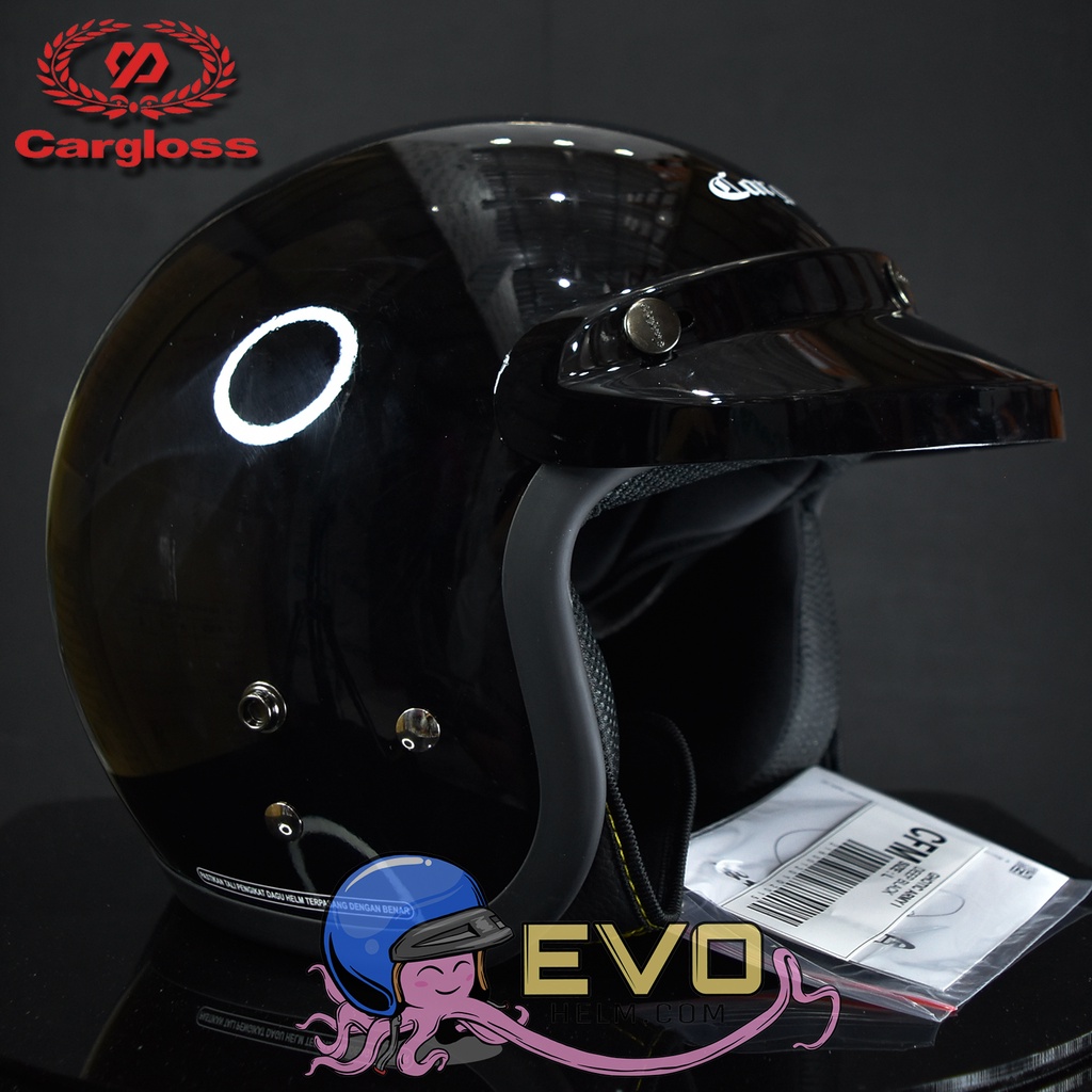 HELM CARGLOSS ORIGINAL CFM RETRO ARMY HALF FACE - BLACK METALIC + KACA DATAR