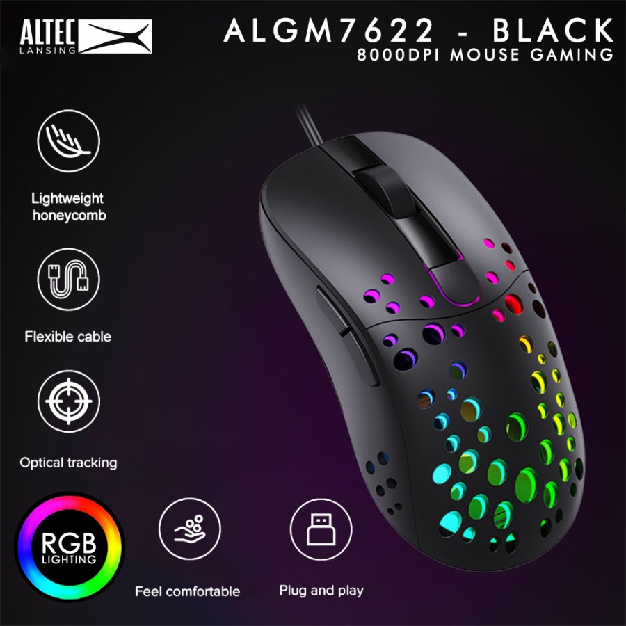 Mouse Gaming Altec Lansing ALGM-7622 Hitam RGB Backlight 8000 DPI