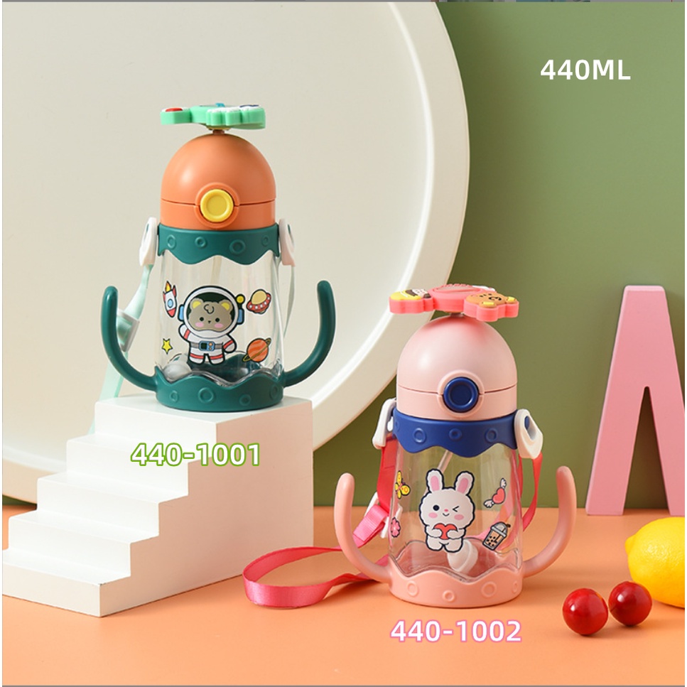 [TULALA SHOP]Botol Model Angkasa 440 ML / BOTOL JERAMI ANAK / Botol Minum Anak/Karakter rabbit Bear Tutup Clip/ Botol Import Yang Lucu/Botol Spinner Ada Lampu LED Bisa Muter/