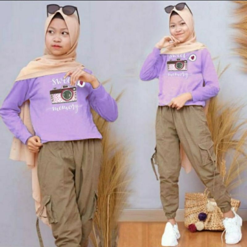 setelan anak perempuan kamera sweet memory 9 10 11 12 tahun empat variant warna - Lets_shop31-Lavender