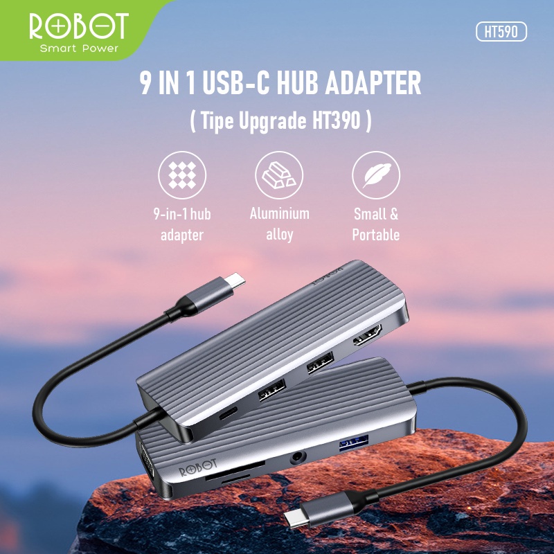 ROBOT HT590 Multiport 9in1 USB Type C HUB Adapter Lightweight &amp; Portable Space Grey Aluminium Alloy PORT USB 2.0 USB 2.0 3.5 mm Audio SD/TF PD HDMI VGA Transmisi Ganda Original - Garansi