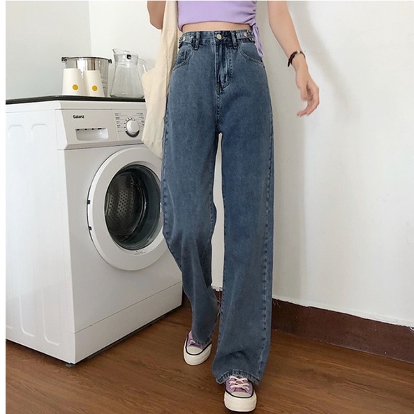 Perempuan Korea Fashion Lurus longgar Kasual lebar Leg Jeans