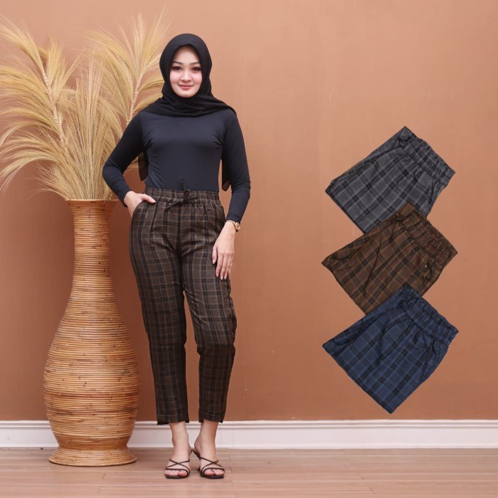 DSDR Store celana Tartan cewek kotak kotak bahan Kain Flanel Allsize - Cokelat