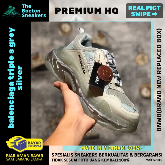 Sepatu Wanita Balenciaga Triple s Grey Clear Sole Silver Pk Mirror BNIB Sneakers Cewek Sneaker Fashi